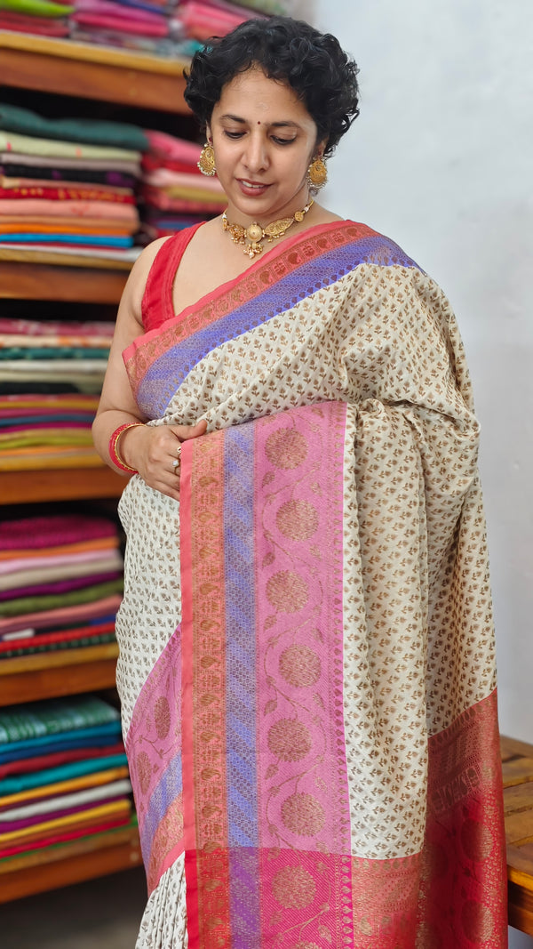 Cream and Pink Banarsi saree