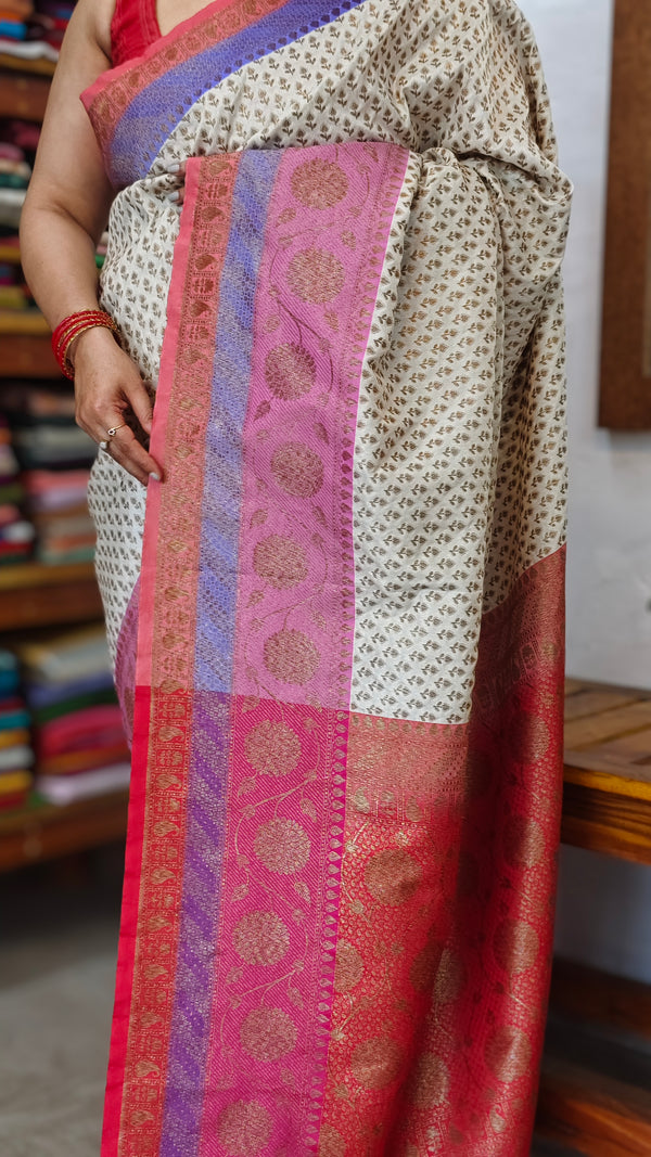 Cream and Pink Banarsi saree
