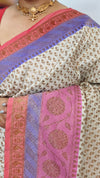 Cream and Pink Banarsi saree