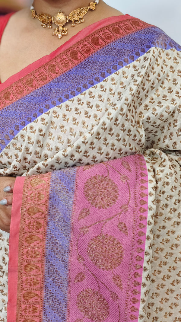 Cream and Pink Banarsi saree