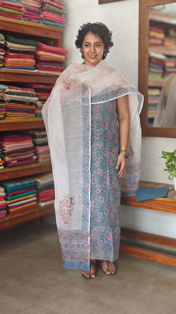 Blue and White Block Printed Kota Doria Suit - GD331