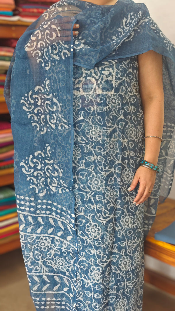 Indigo Block Printed Kota Doria Suit - GD331