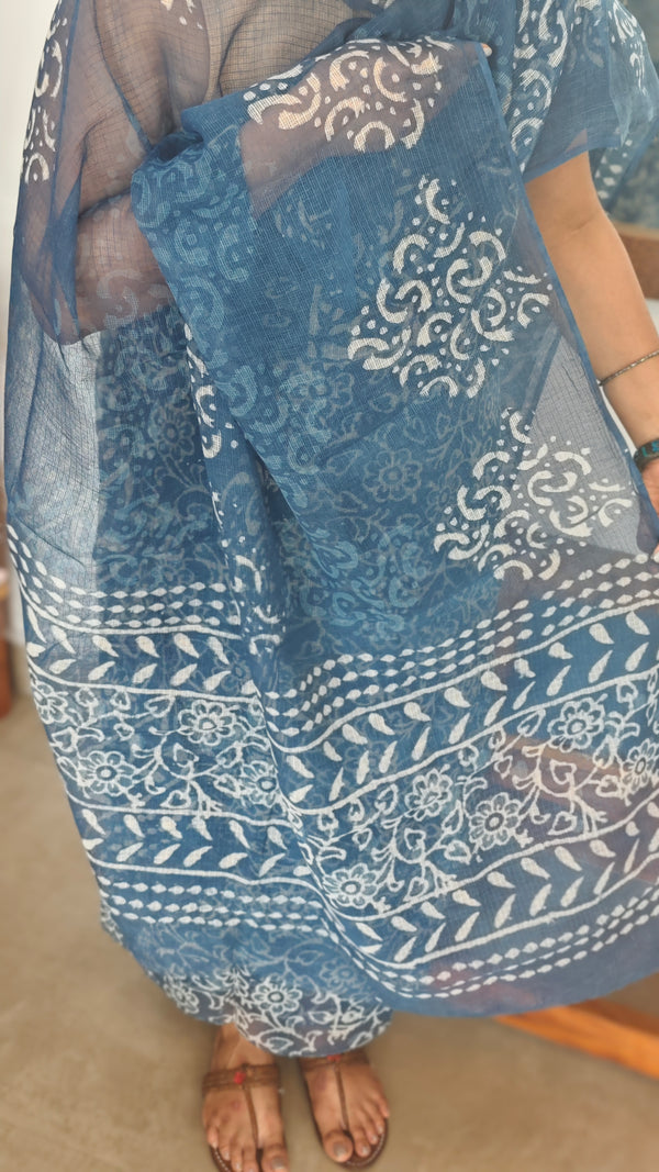 Indigo Block Printed Kota Doria Suit - GD331