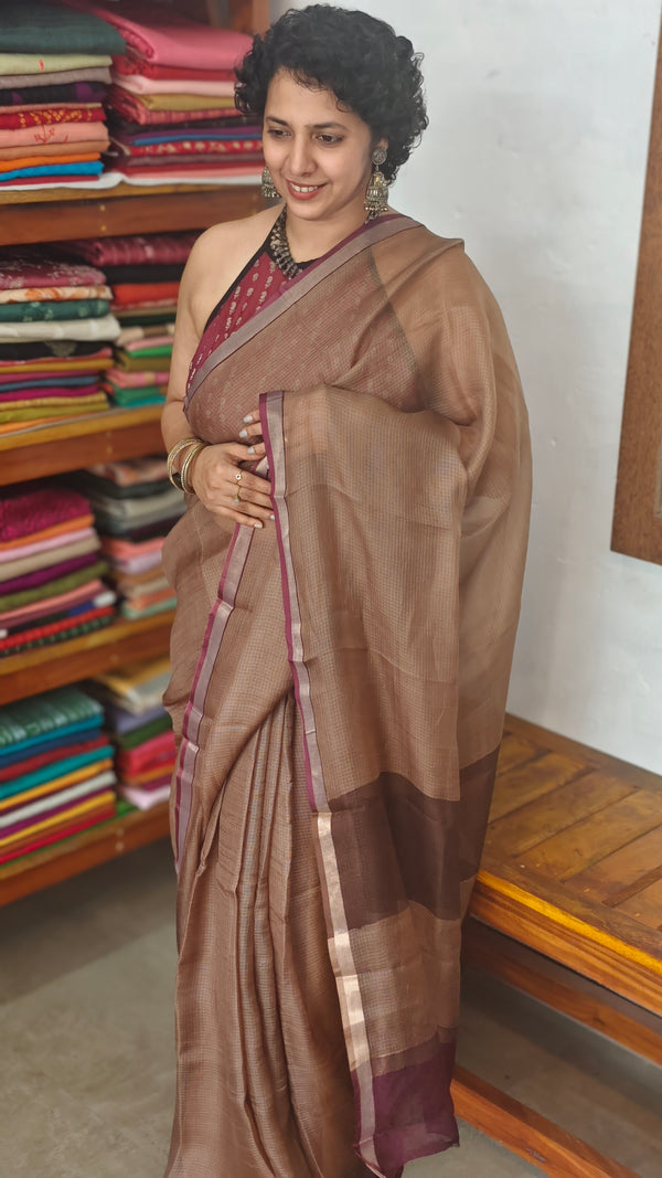 Dark Beige with Wine Border Kota Silk Saree - KTS3 - A1M