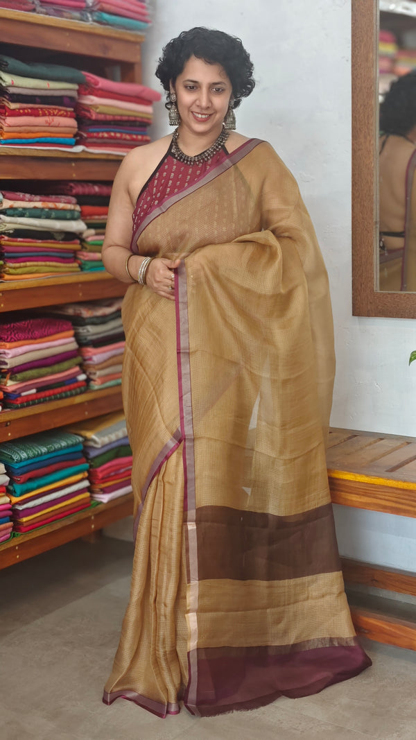 Brown Beige with Wine Border Kota Silk Saree - KTS3 - 107PR