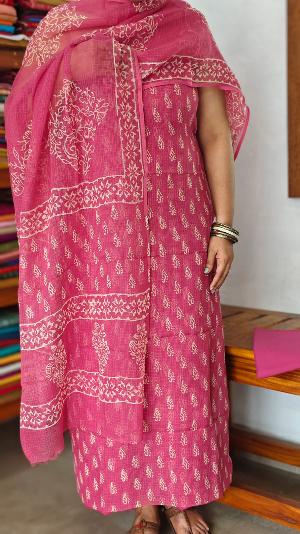 Pink Block Printed Kota Doria Suit - GD331