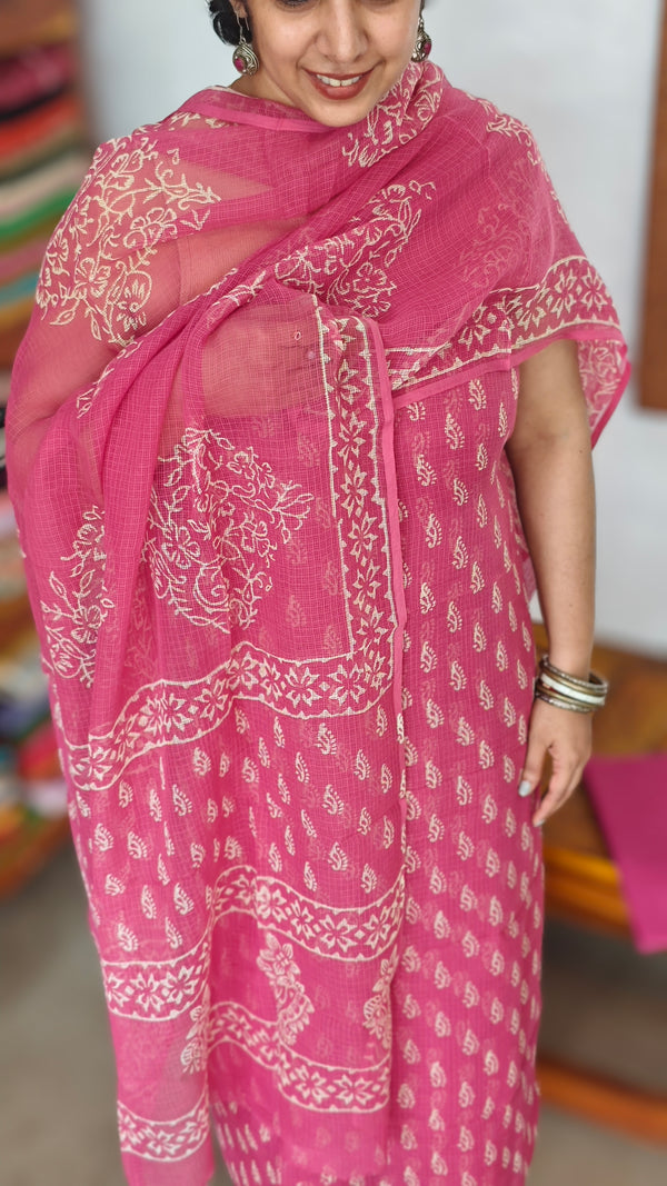 Pink Block Printed Kota Doria Suit - GD331