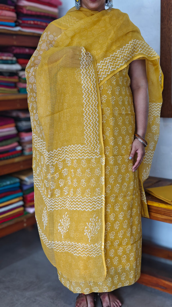 Mustard Yellow Block Printed Kota Doria Suit - GD331