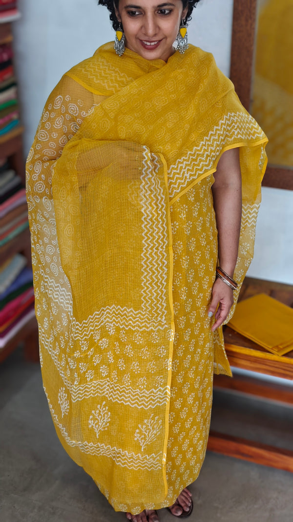 Mustard Yellow Block Printed Kota Doria Suit - GD331