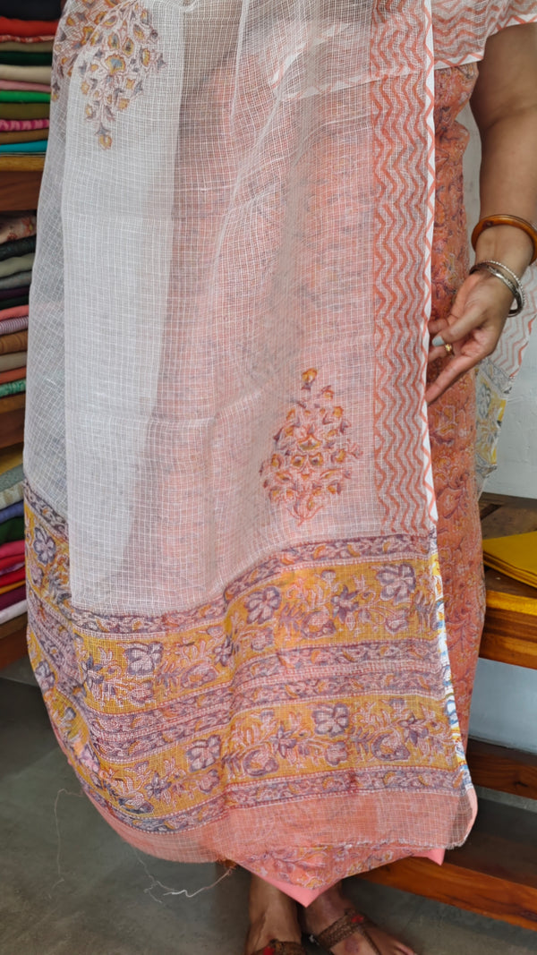 Peach Block Printed Kota Doria Suit - GD331 - P2