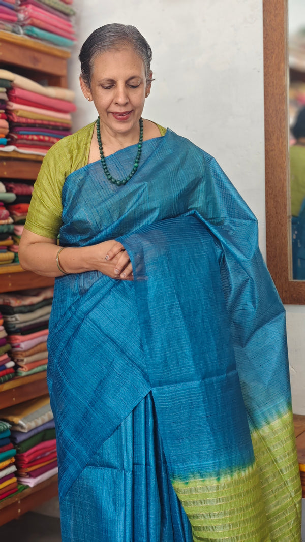 Blue and Green Tussar Silk Saree - 4D98
