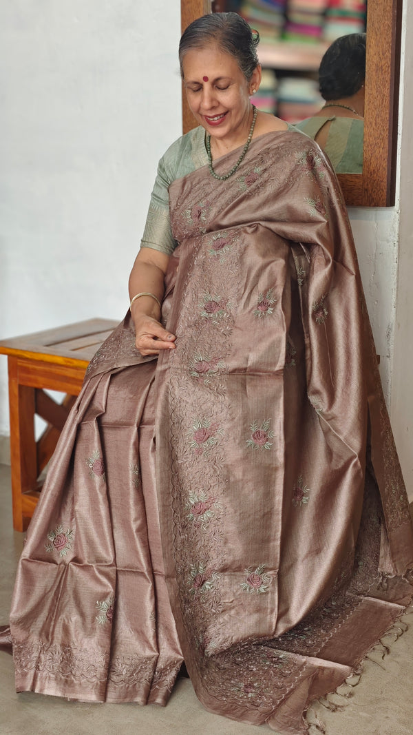 Chocolate Mauve Embroidered Tussar Silk Saree