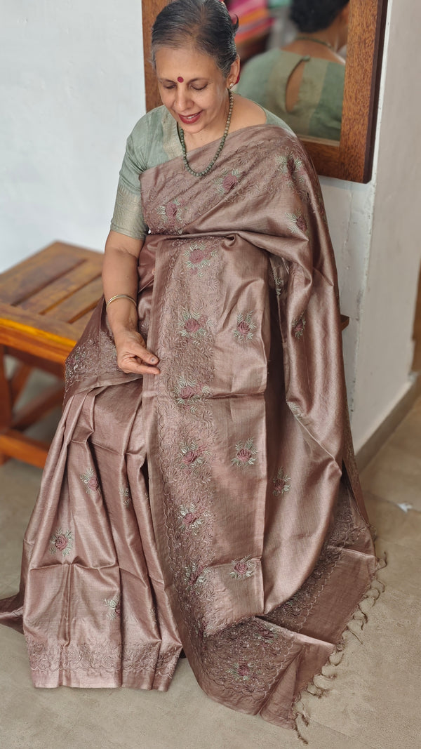 Chocolate Mauve Embroidered Tussar Silk Saree