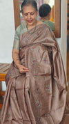 Chocolate Mauve Embroidered Tussar Silk Saree