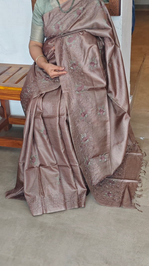 Chocolate Mauve Embroidered Tussar Silk Saree