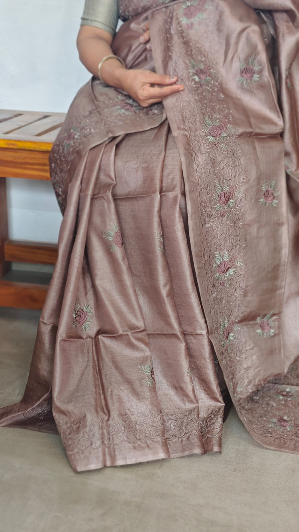 Chocolate Mauve Embroidered Tussar Silk Saree