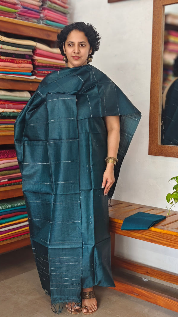 Deep Teal Blue Tussar Silk Suit - PT18
