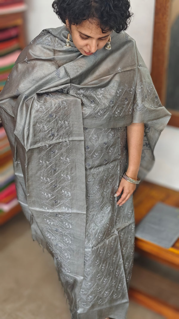 Slate Grey Embroidered Tussar Silk Suit - TBW4