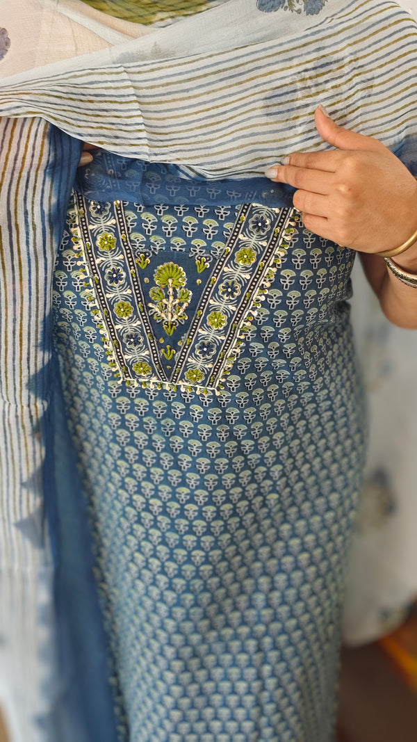 Blue Printed Cotton Suit with chiffon Dupatta