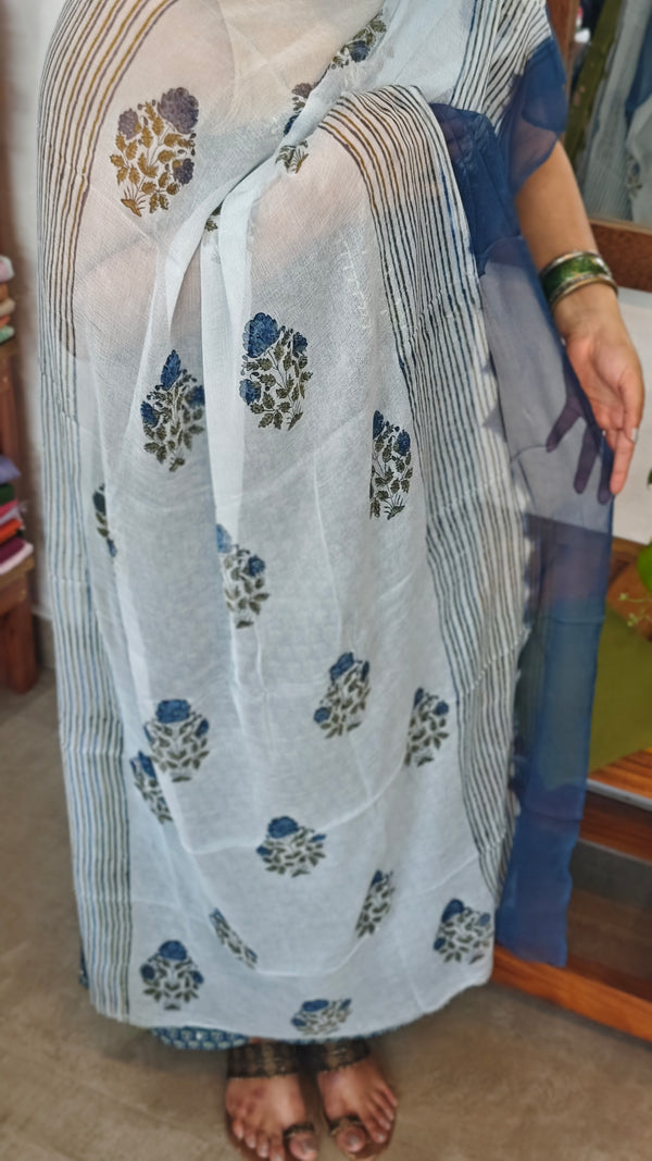 Blue Printed Cotton Suit with chiffon Dupatta