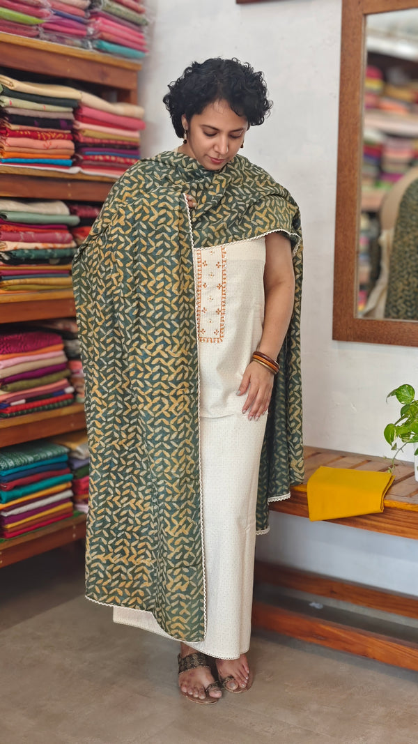 Off white cotton suit with Ajrakh Dupatta