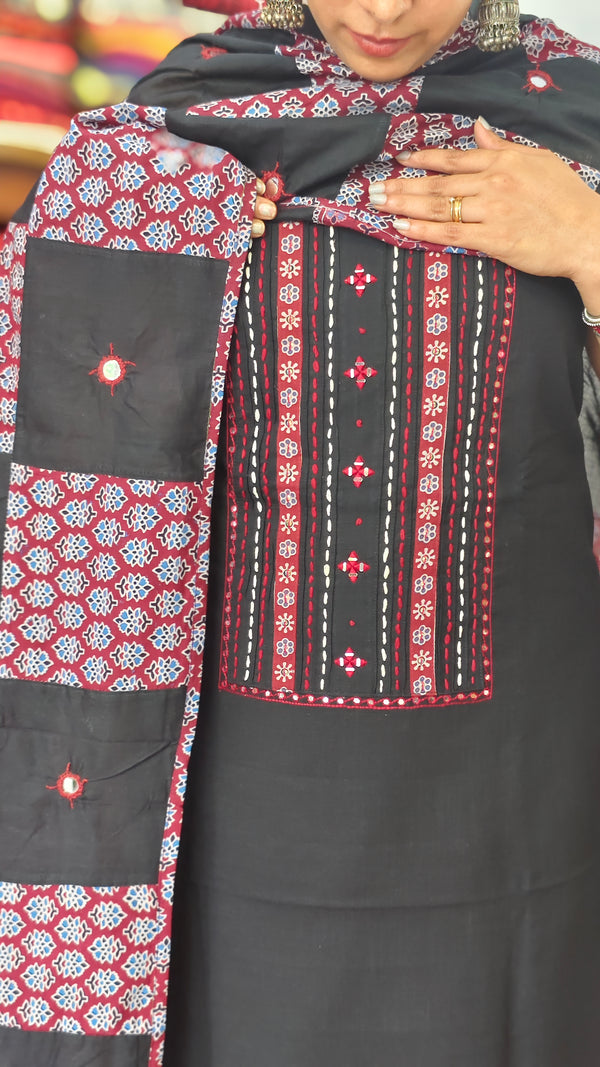 Black Cotton Suit with Patch work Dupatta - XC33