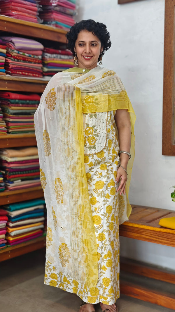 Yellow Floral Cotton Suit with Chiffon Dupatta - XC33