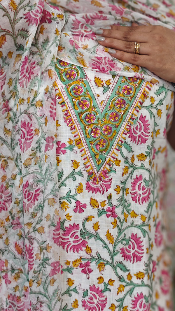 White Floral Printed Cotton Suit - XC33