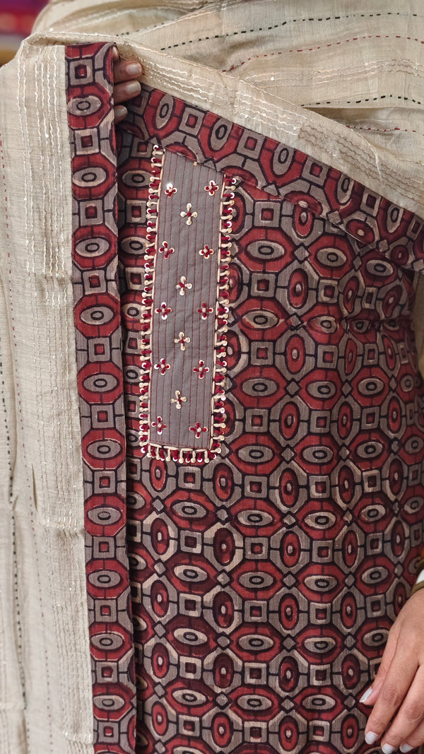 Brown Ajrakh Printed cotton Suit - XC33