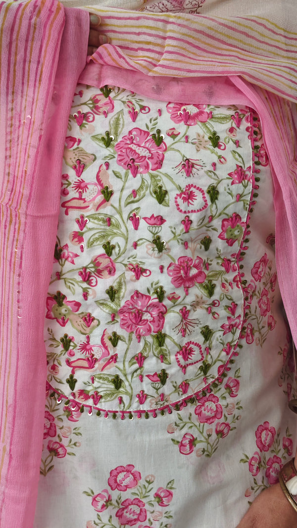 Off white and pink Cotton Printed Suit - XC33
