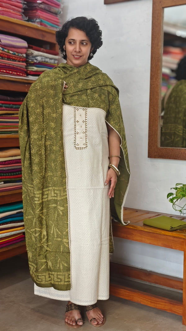 Off White Cotton Suit with Green printed dupatta - XC33