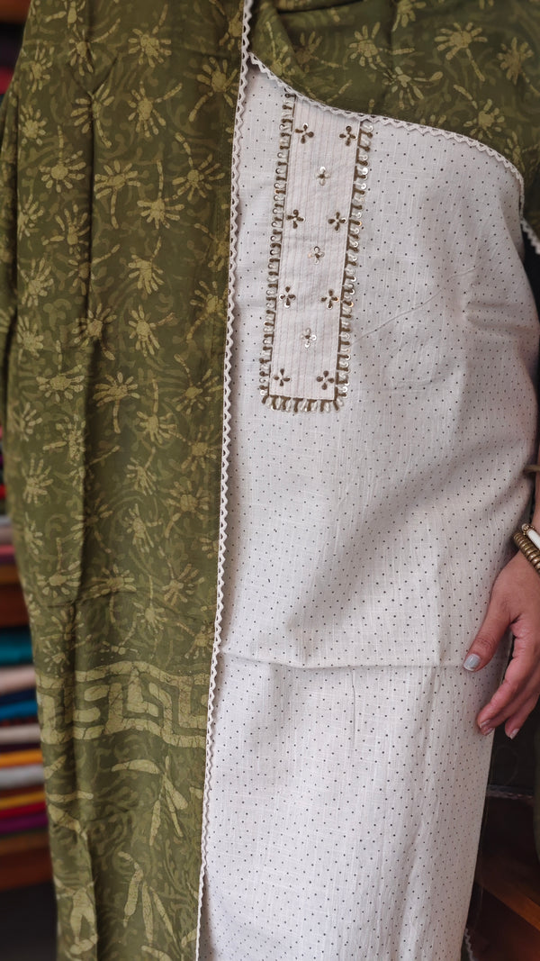 Off White Cotton Suit with Green printed dupatta - XC33