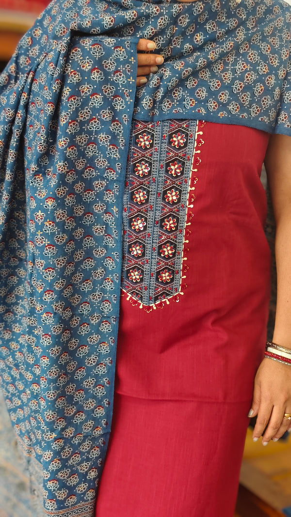 Red cotton suit with modal dupatta - XC33