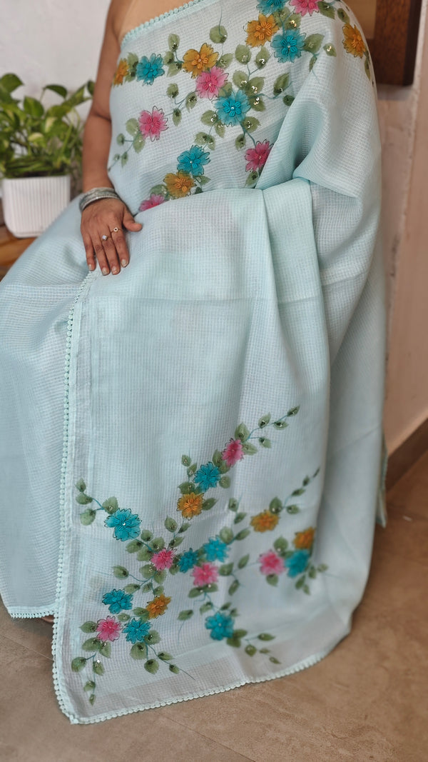Pastel Blue Painted Silky Kota Saree
