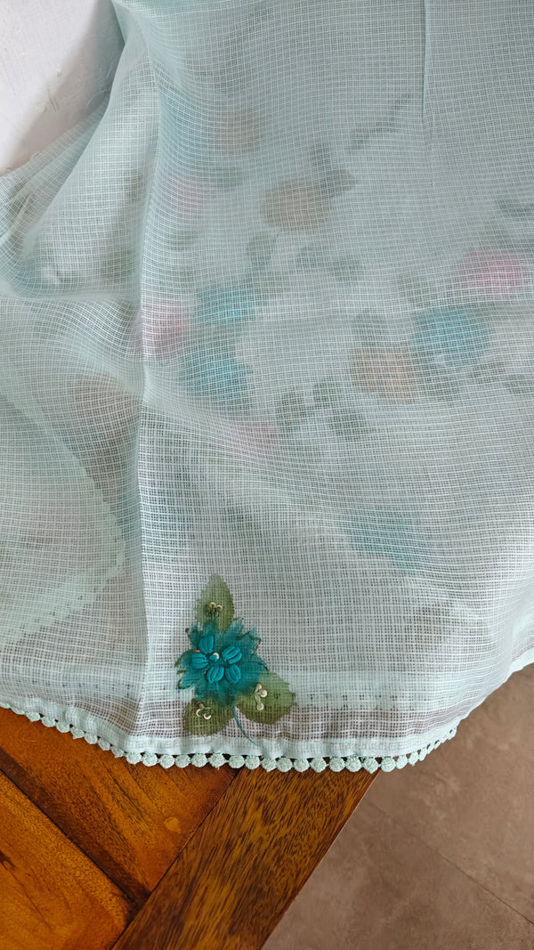 Pastel Blue Painted Silky Kota Saree
