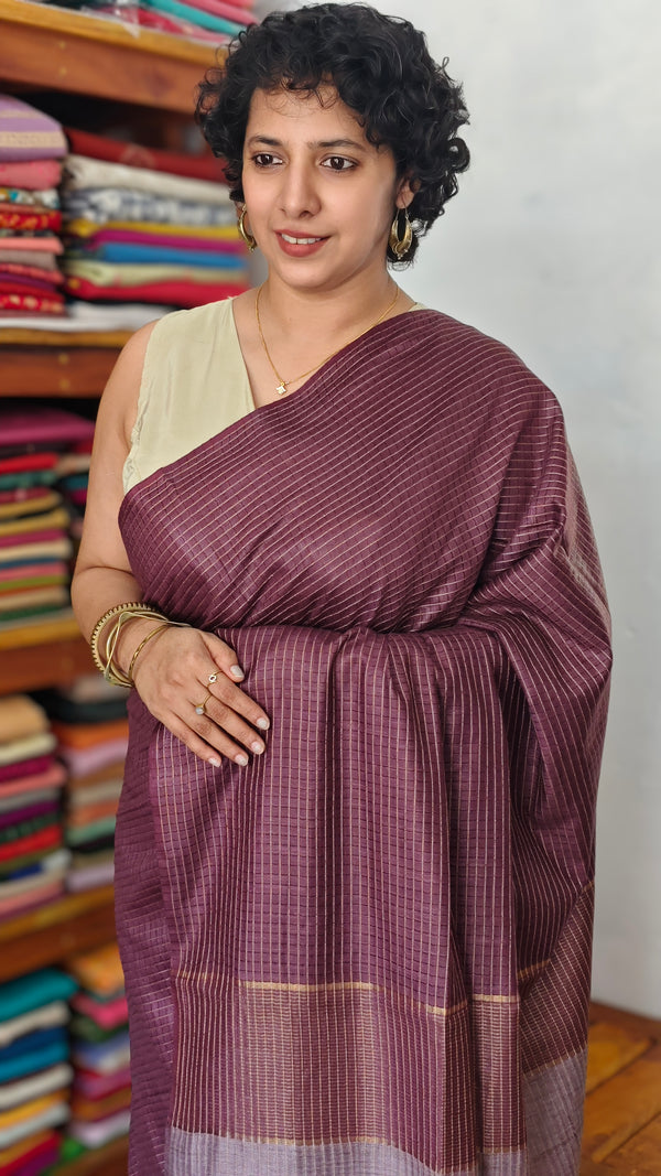 Mauve Wine Thin Striped Semi Silk Saree - BGR9