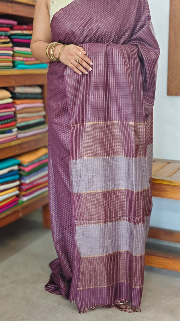 Mauve Wine Thin Striped Semi Silk Saree - BGR9