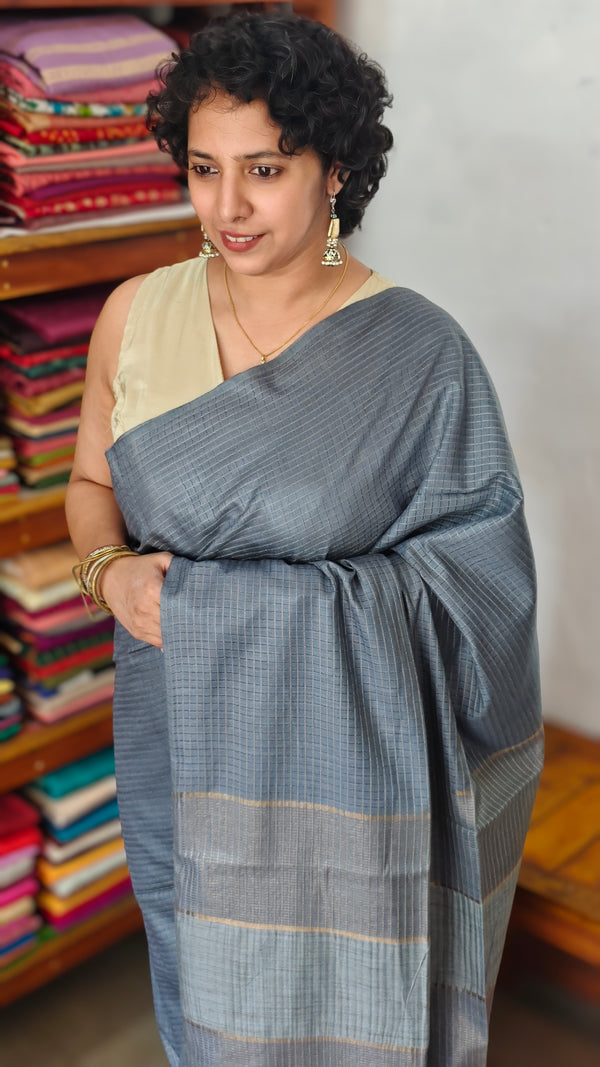 Grey Thin Striped Semi Silk Saree - BGR9