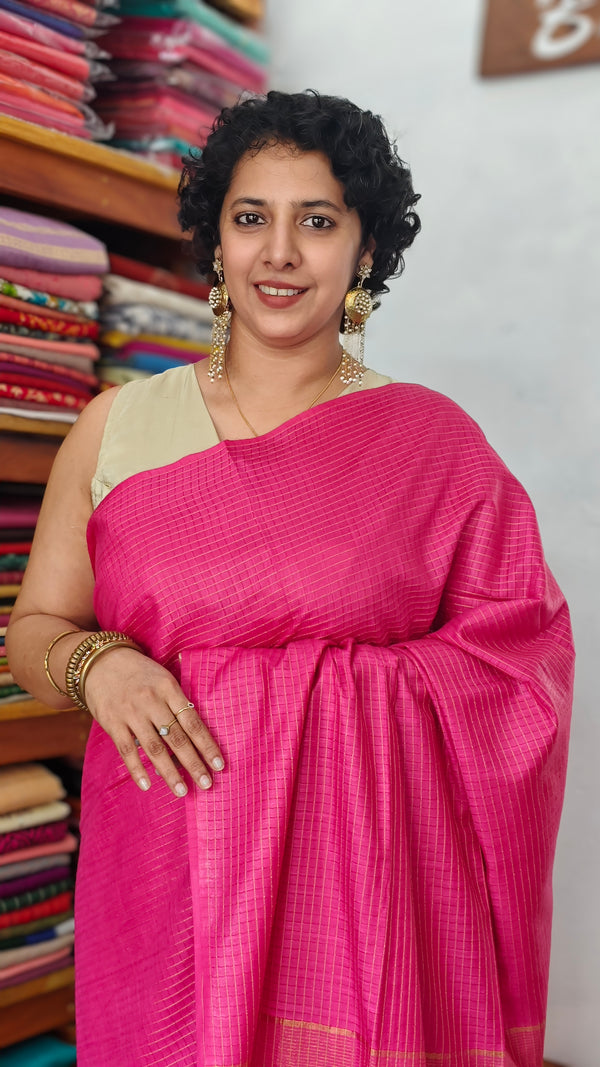 Hot Pink Thin Striped Semi Silk Saree - BGR9