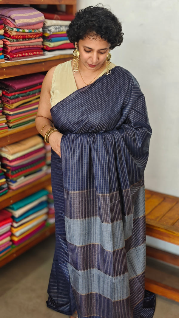 Navy Blue Thin Striped Semi Silk Saree - BGR9