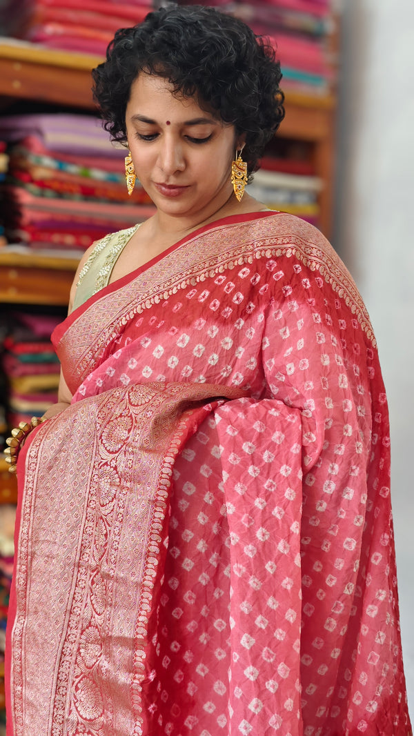Pink and Dark Peach Bandhani Organza Saree - YK25