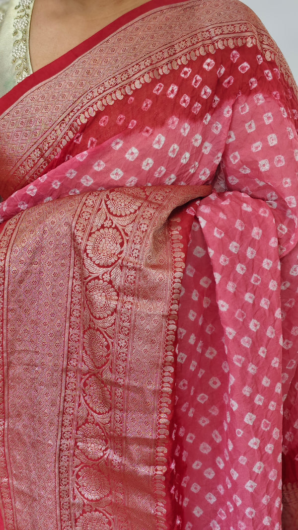 Pink and Dark Peach Bandhani Organza Saree - YK25