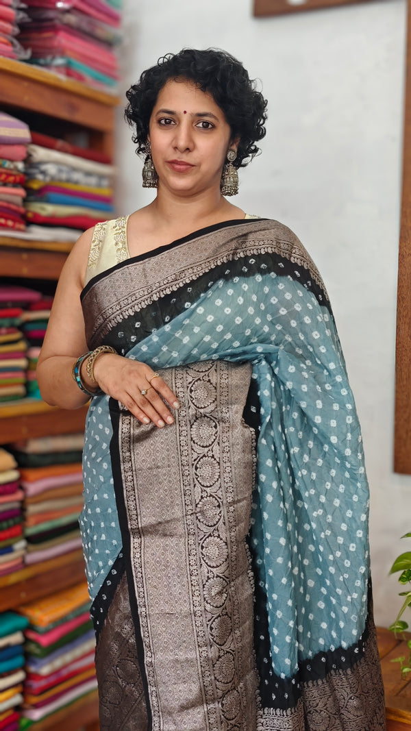 Dusky Blue and Black Organza Bandhani Saree - YK25