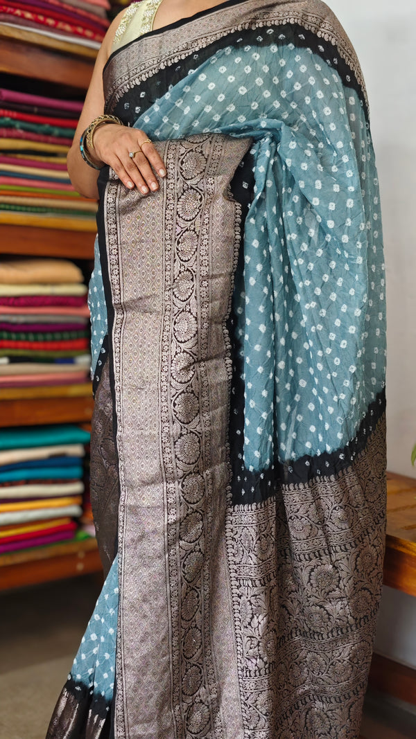 Dusky Blue and Black Organza Bandhani Saree - YK25
