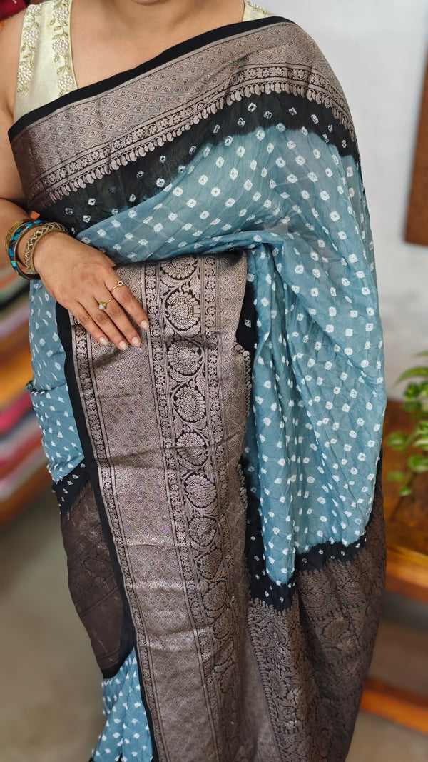 Dusky Blue and Black Organza Bandhani Saree - YK25