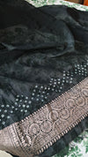 Dusky Blue and Black Organza Bandhani Saree - YK25