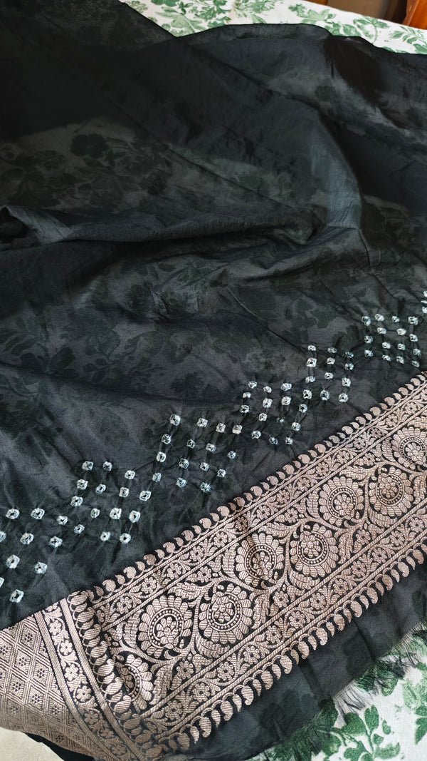 Dusky Blue and Black Organza Bandhani Saree - YK25