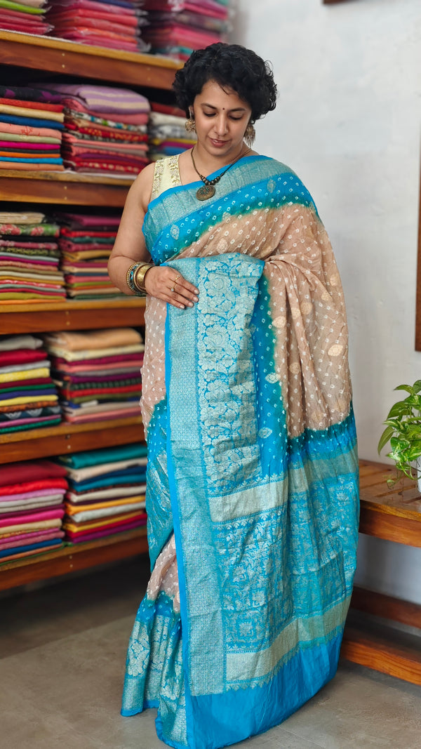 Golden Beige and Blue Organza Bandhani Saree - YK25