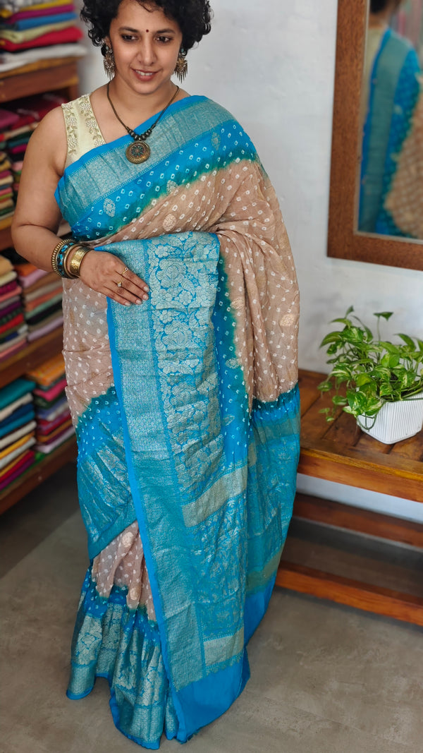 Golden Beige and Blue Organza Bandhani Saree - YK25
