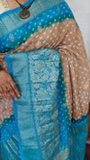 Golden Beige and Blue Organza Bandhani Saree - YK25